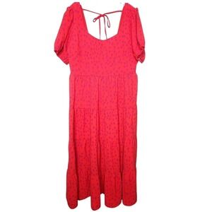 BTFBM Tiered Maxi Dress Red Purple Polka Dots Puff Sleeve‎ Cottage Boho XL